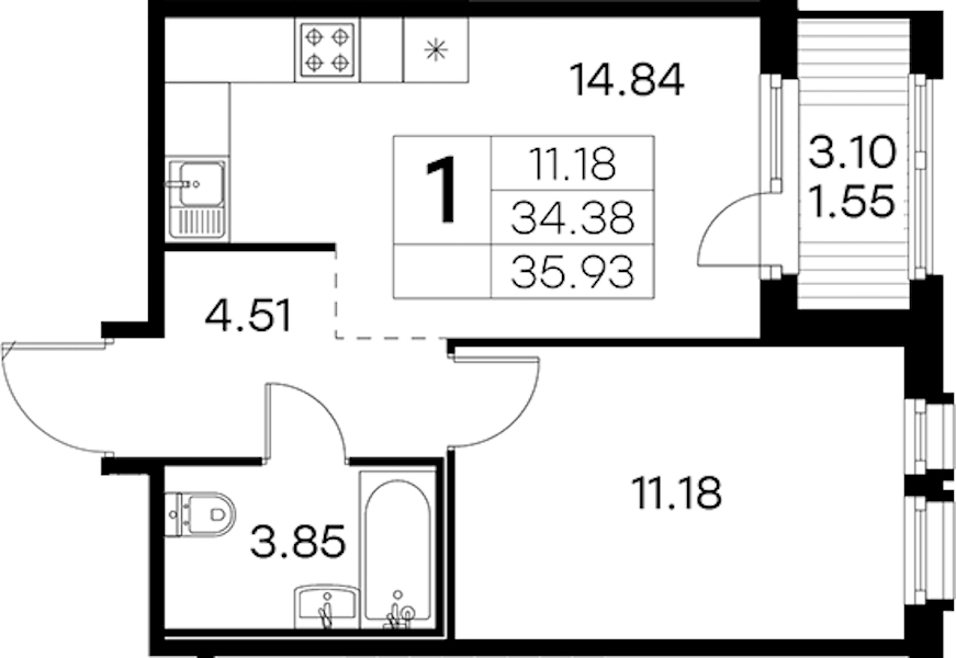 1-комнатная квартира 35.93 м², 2/15 эт., ЖК «GloraX Парголово»